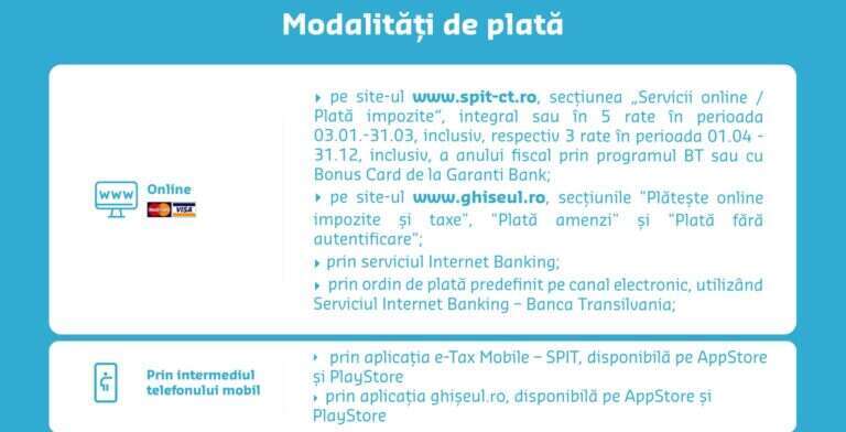 SPIT Constanța: Modalități de plată a impozitelor și taxelor locale/speciale și amenzilor